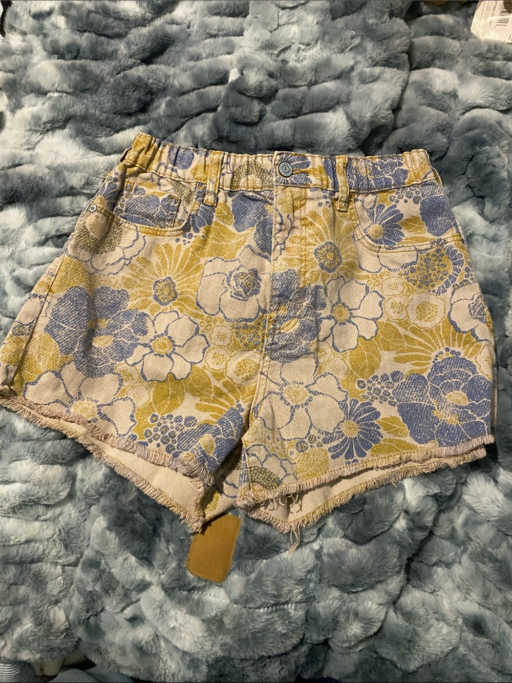 Pilcro Floral Print Jean Shorts in Yellow and Blue